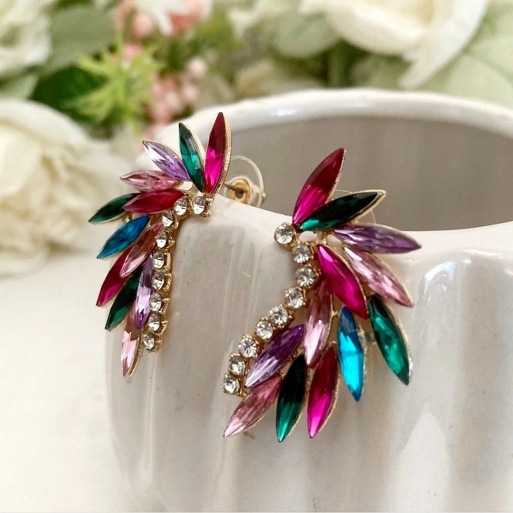 Gold Tone Multicolor Marquise Rhinestone Statement Earrings wedding party 💖